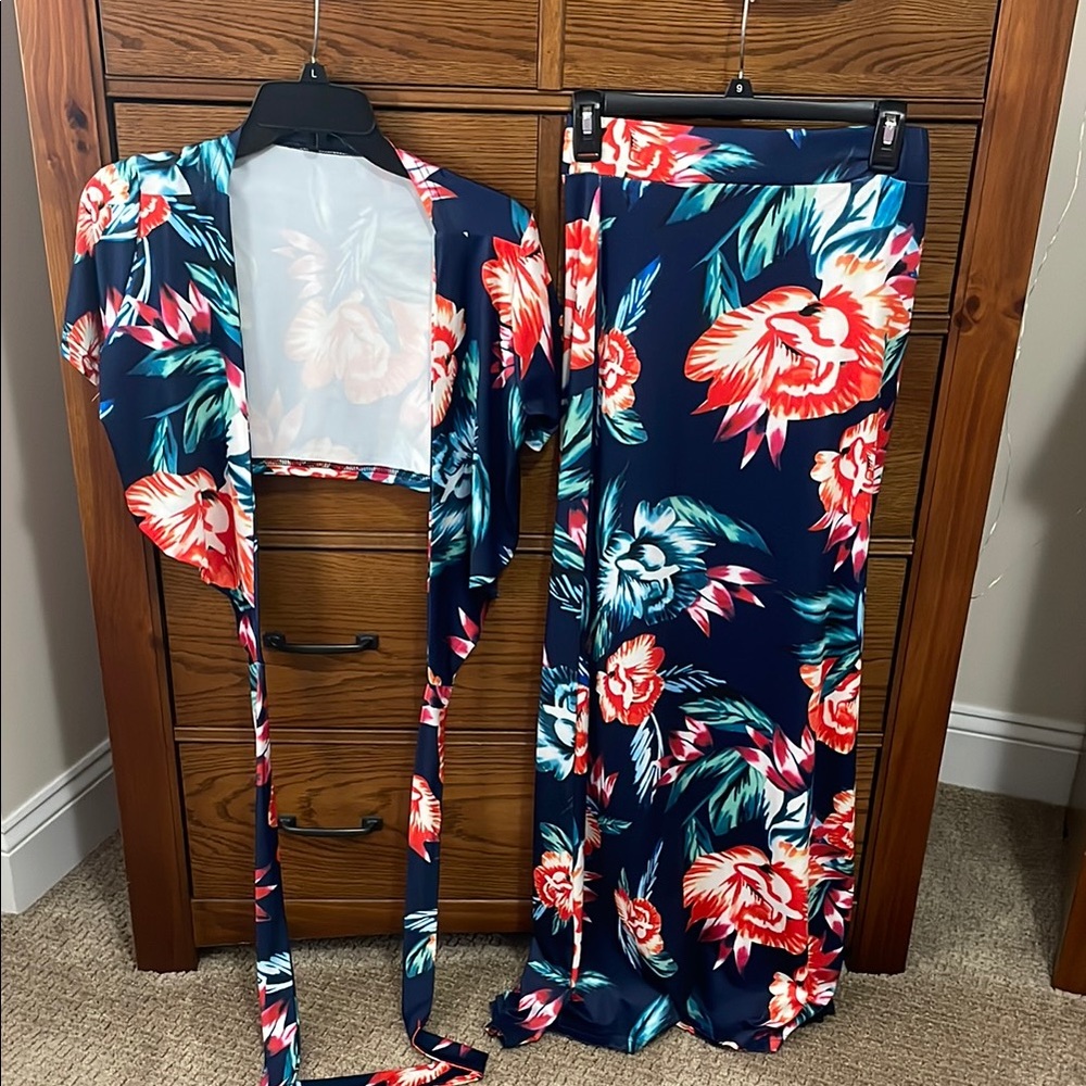 Floral Two-Piece Set in Navy and Red